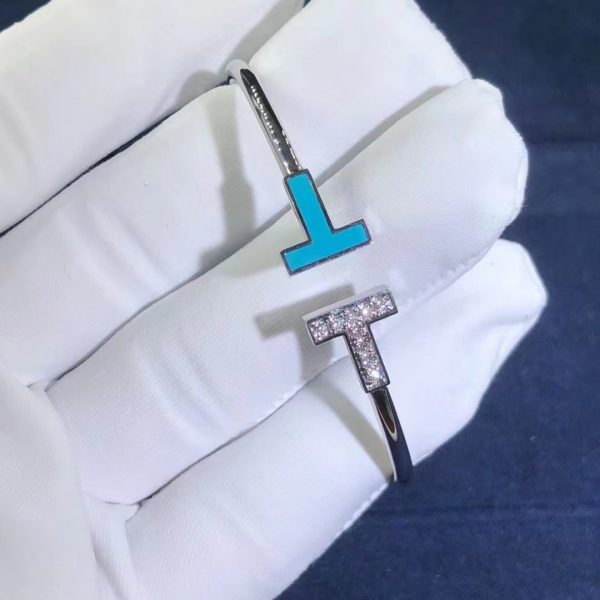 Vòng tay Tiffany & Co T Turquoise ngọc lam vàng trắng 18K