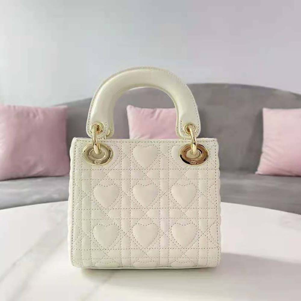 TÚI Dior Women Mini Lady Dior Dioramour Bag Latte Cannage Lambskin with Heart Motif-White