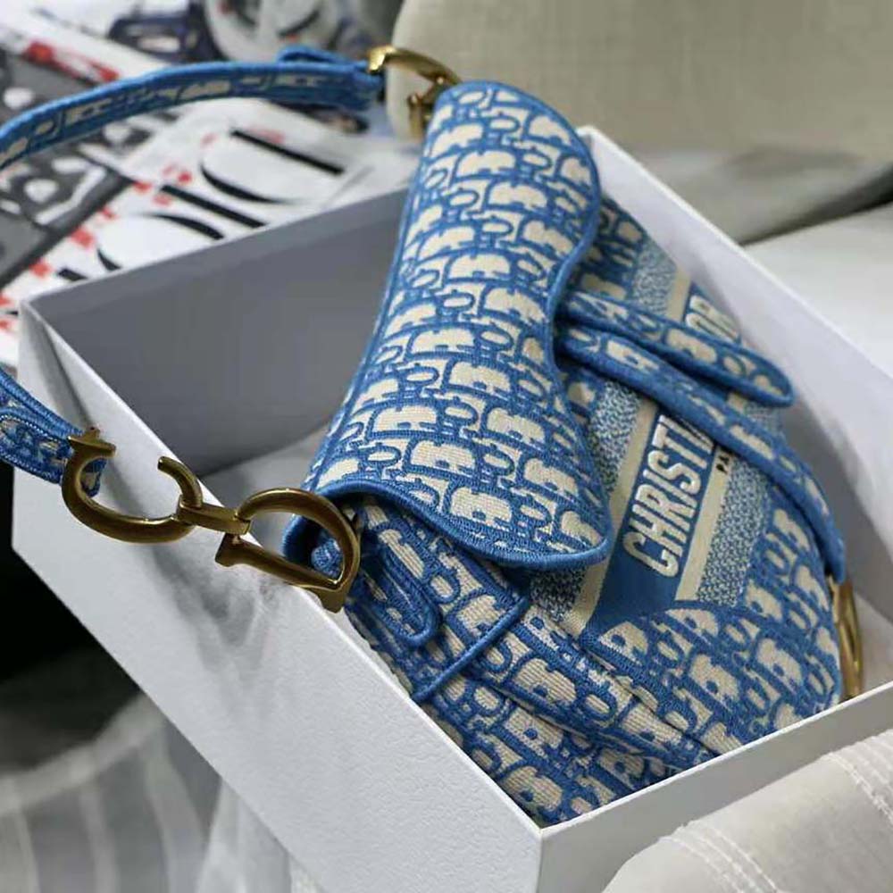 TÚI Dior Women Saddle Bag Cornflower Blue Dior Oblique Embroidery