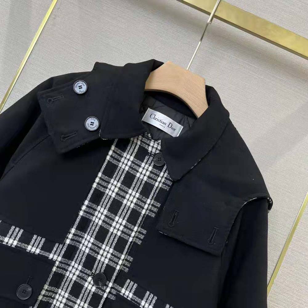 ÁO Dior Women Hooded Peacoat Black and White Check’n’Dior Wool