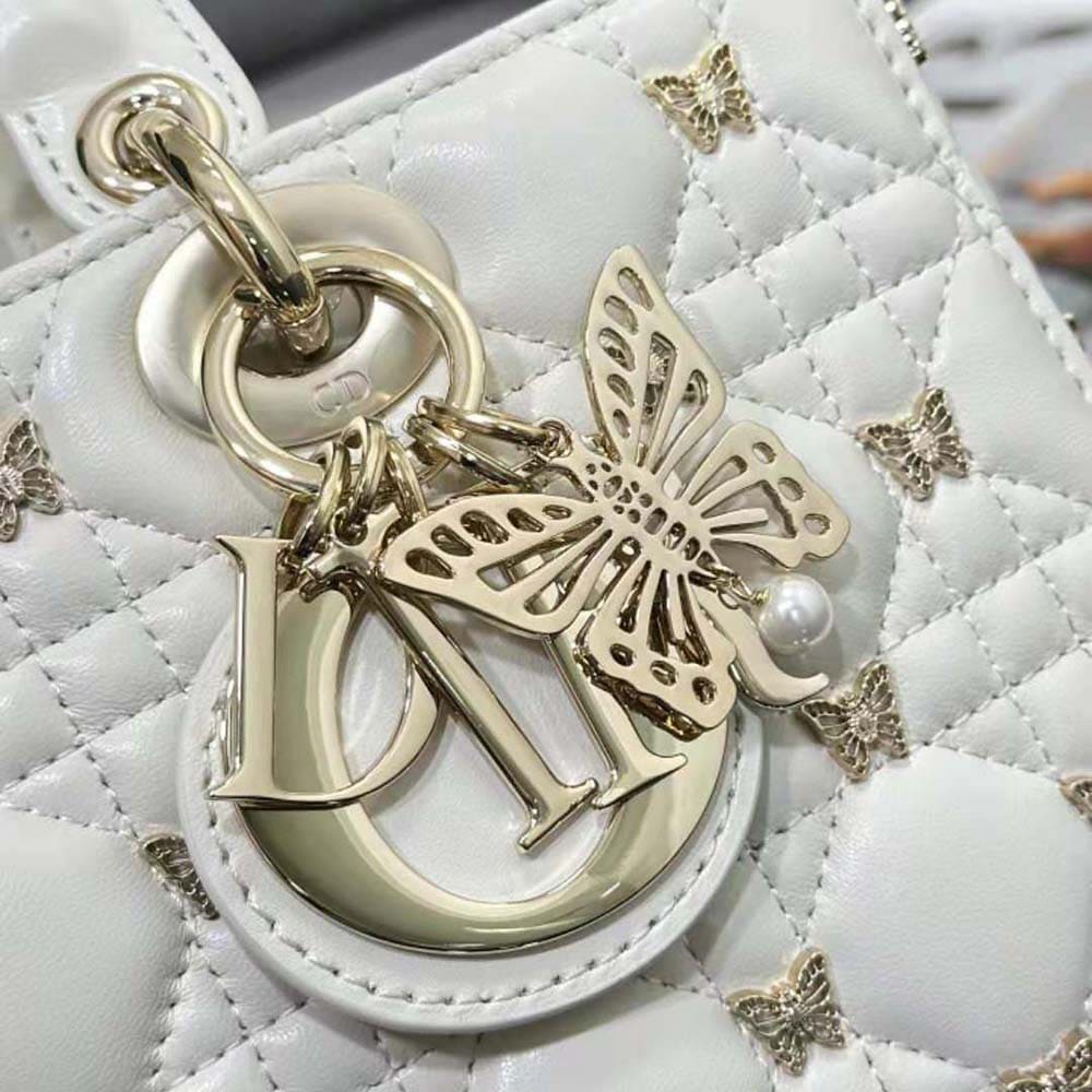 TÚI Dior Women Medium Lady D-joy Bag White Cannage Lambskin with Gold-Finish Butterfly Studs