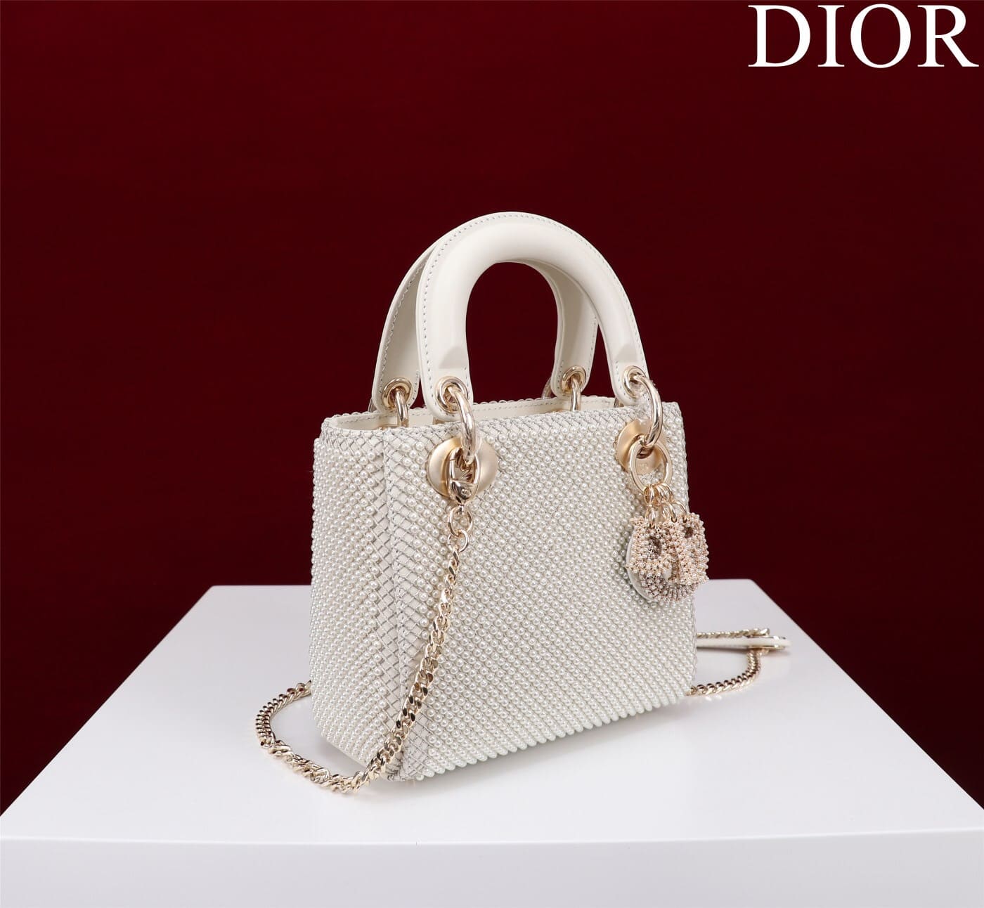 TÚI CHRISTIAN DIOR LADY DIOR Cannage Calfskin with Platinum Beaded Pearl Embroidery White