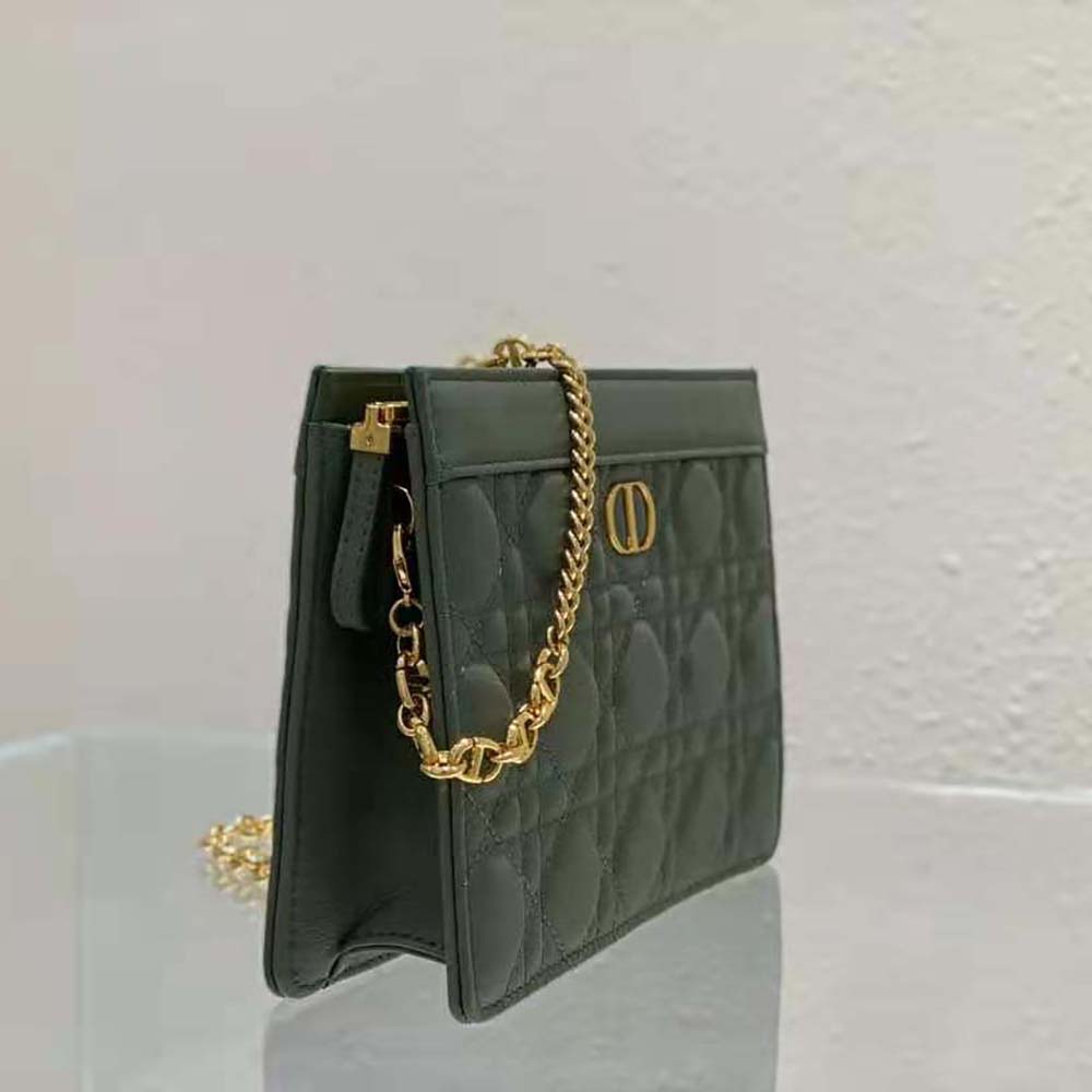 TÚI Dior Women Caro Zipped Pouch with Chain Cedar Green Supple Cannage Calfskin-Green