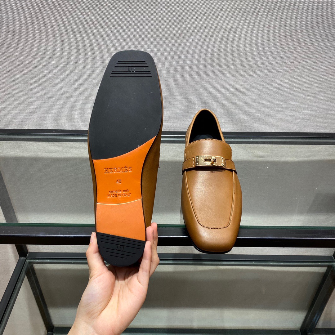 GIÀY HERMES KELLY LEATHER BROWN LOAFER SHOES