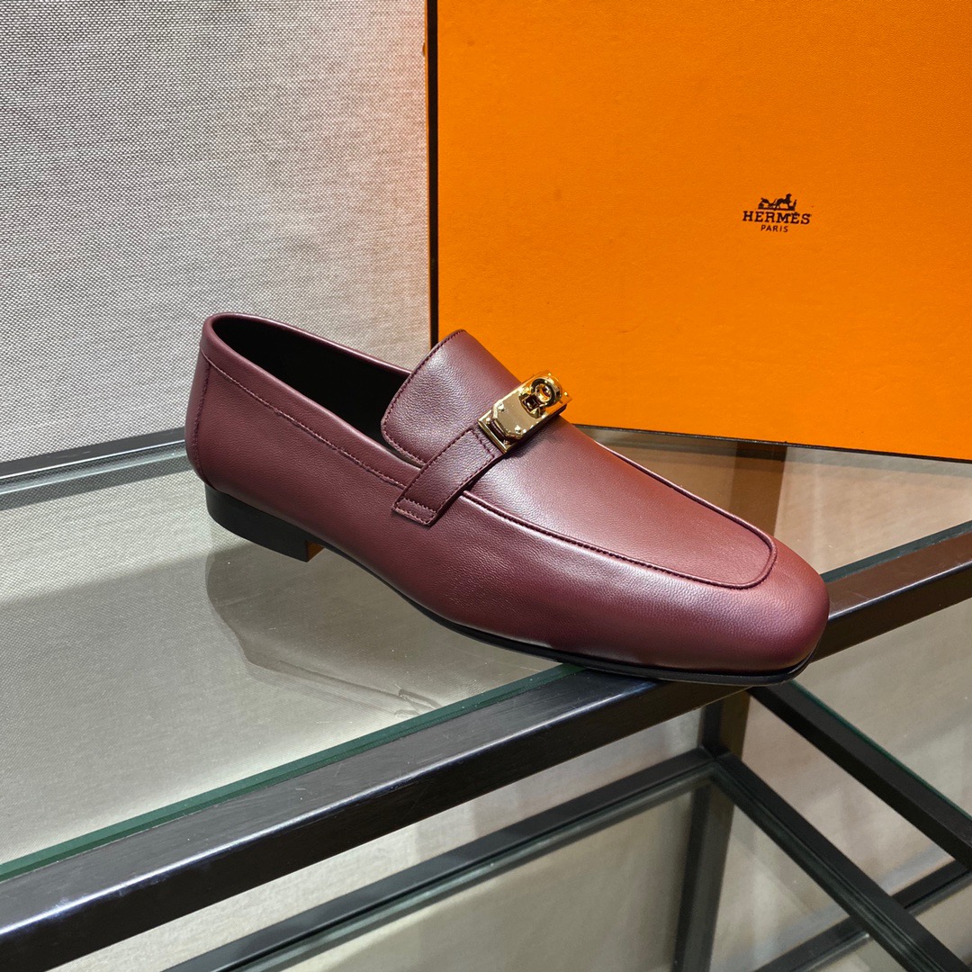 GIÀY HERMES KELLY LEATHER BURGUNDY LOAFER SHOES