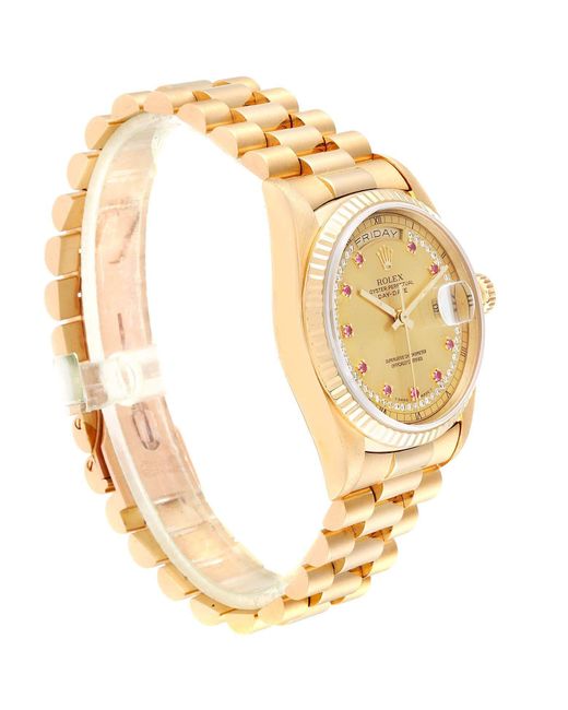 ĐỒNG HỒ ROLEX Metallic Champagne Diamond And Ruby 18k Yellow Gold President automatic