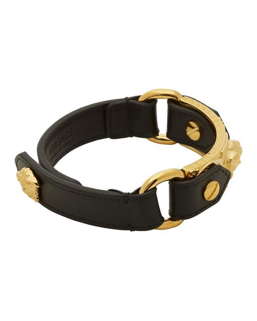 Versace Black And Gold Leather Medusa Bracelet