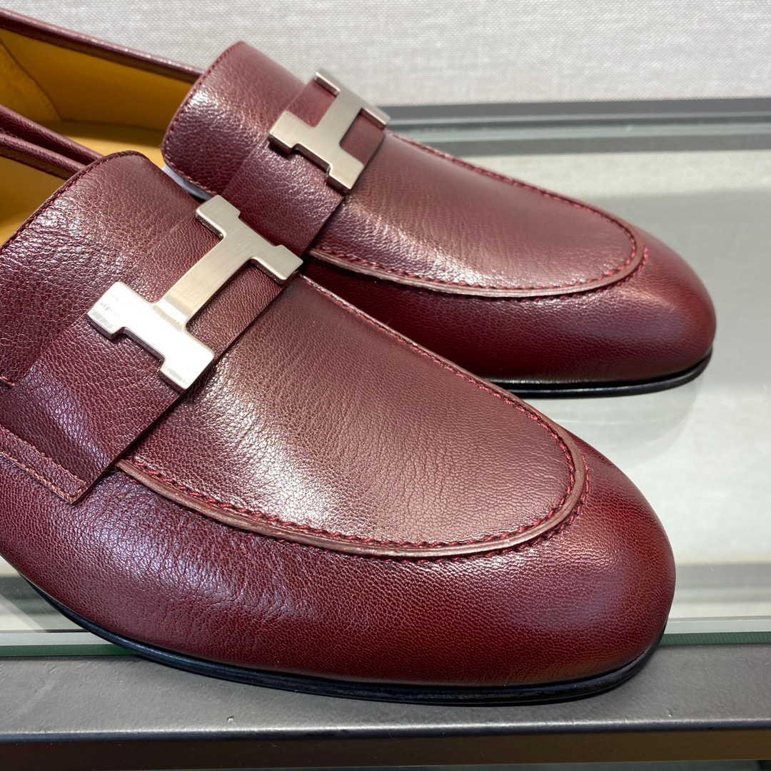 GIÀY HERMES LEATHER BURGUNDY LOAFER SHOES