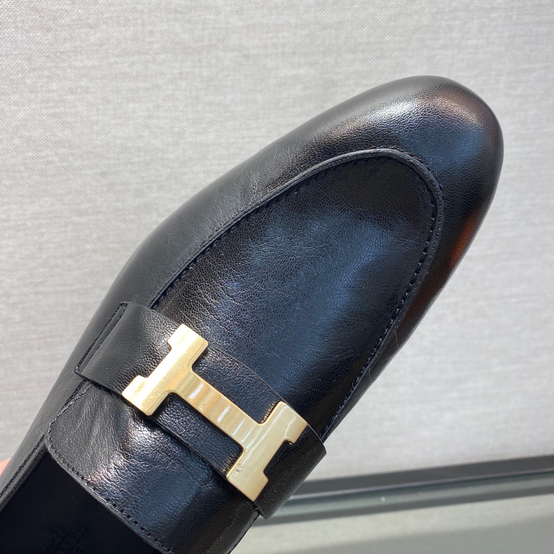 GIÀY HERMES LEATHER BLACK LOAFER SHOES