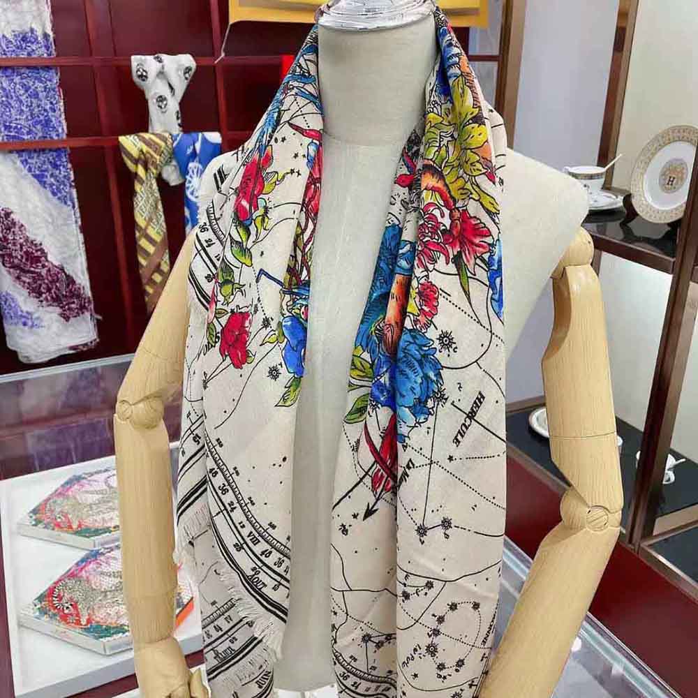 KHĂN Dior Women Zodiac Square Scarf Navy White Silk Twill