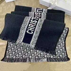 KHĂN Dior Women Oblique University Reversible Scarf Navy Blue Wool and Silk