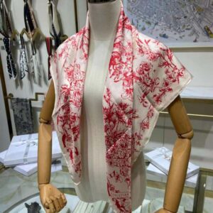KHĂN Dior Women Toile De Jouy Flowers Square Scarf Ivory and Red Silk Twill