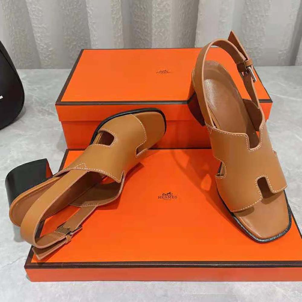 GIÀY Hermes Women Elbe 60 Sandal in Calfskin with H Cut-Out Detail-Brown SS2022