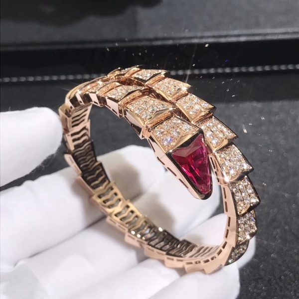 Vòng tay BVLGARI Serpenti Viper Full Pavé Piamonds và Rubellite vàng hồng 18K
