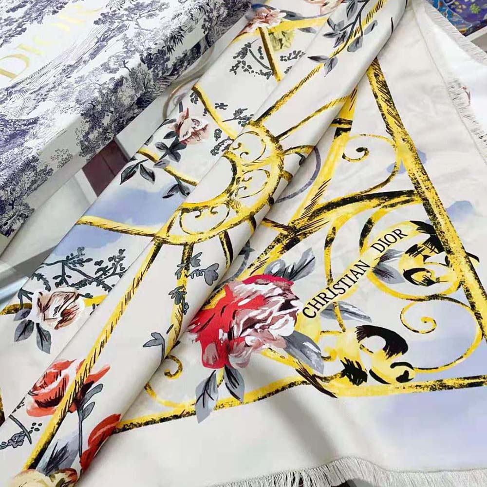 KHĂN Dior Granville 90 Square Scarf White and Gray Silk Twill