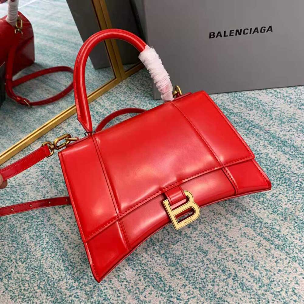 TÚI Balenciaga Hourglass Small Top Handle Bag in Shiny Box Calfskin-Red