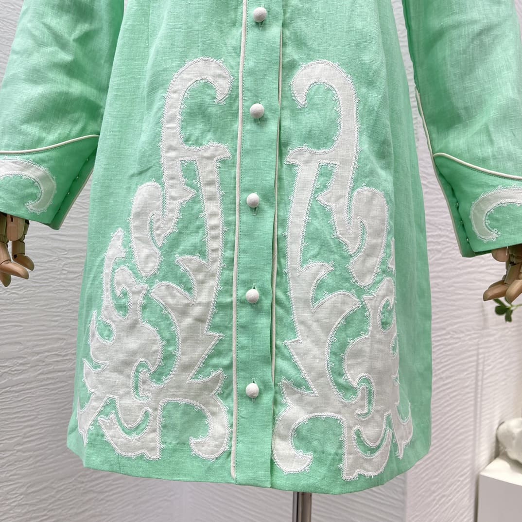 VÁY ZIMMERMANN Mint Green Turn Down Collar Linen Mini Dress High Classy
