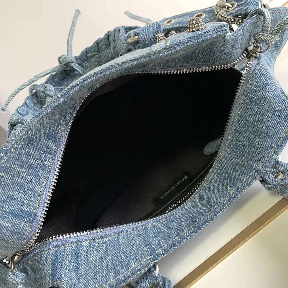 TÚI Balenciaga Women Neo Cagole City Handbag Denim with Rhinestones in Blue