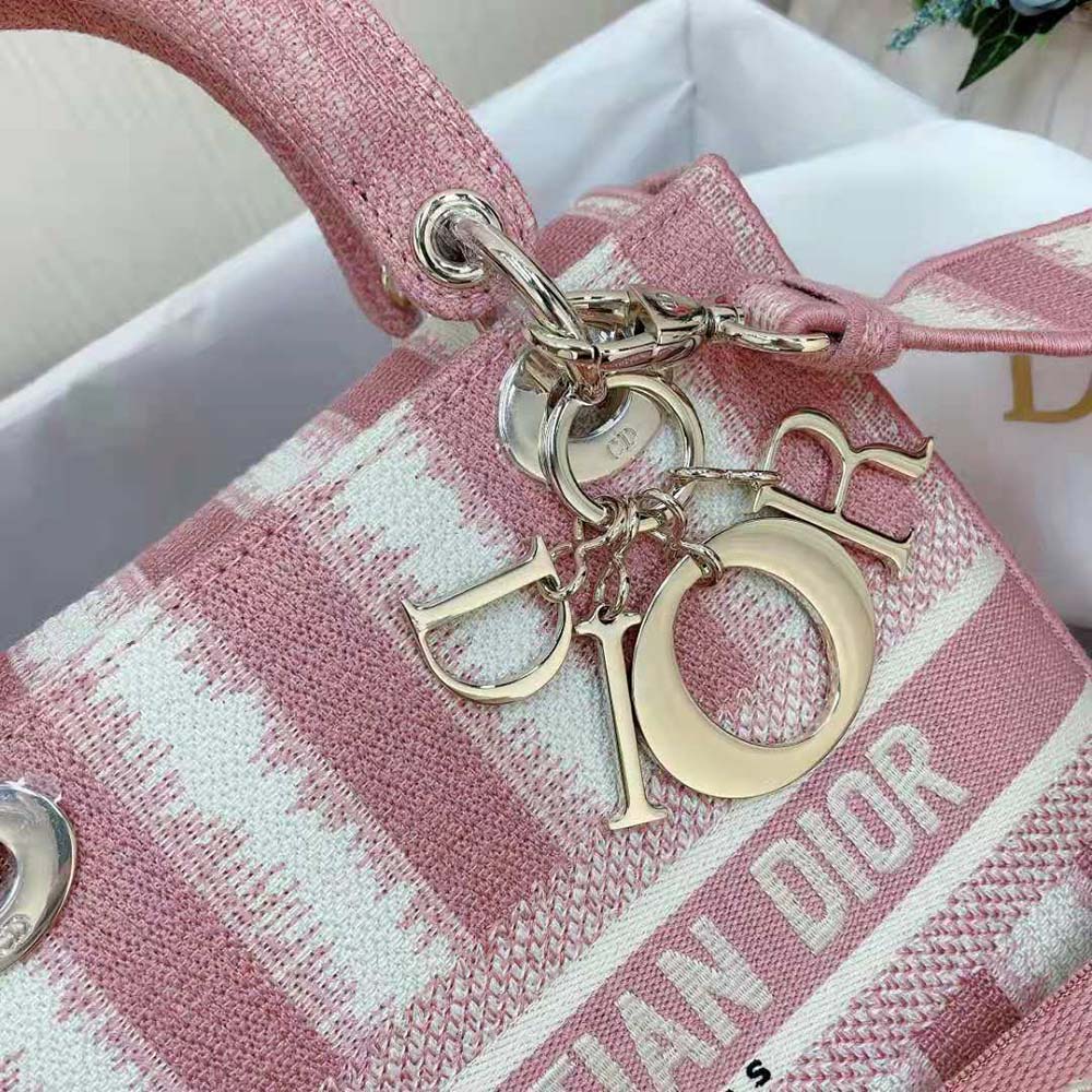 TÚI Dior Women Medium Lady D-lite Bag Pink D-Stripes Embroidery