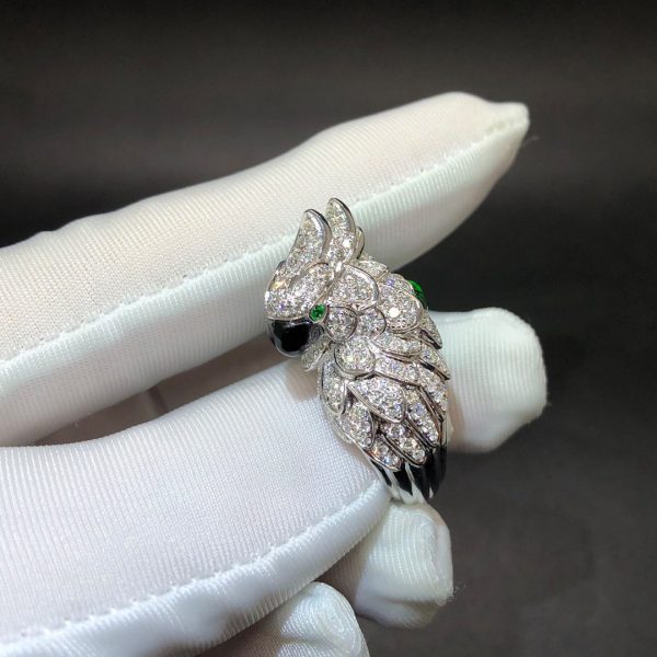 Nhẫn Cartier Les Oiseaux Libérés con vẹt ngọc trai kim cương vàng trắng 18K