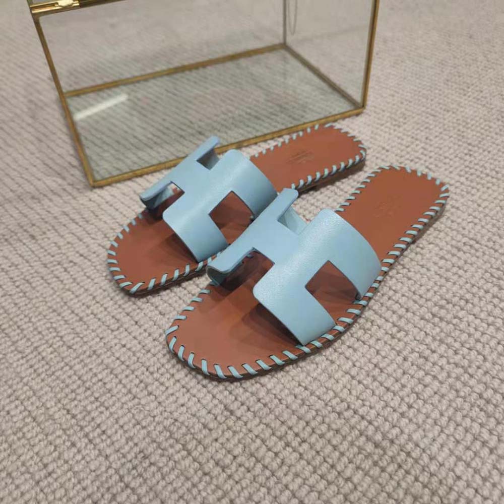 GIÀY Hermes Women Oran Sandal in Braided Calfskin with Iconic H Cut-Out-Blue SS2022