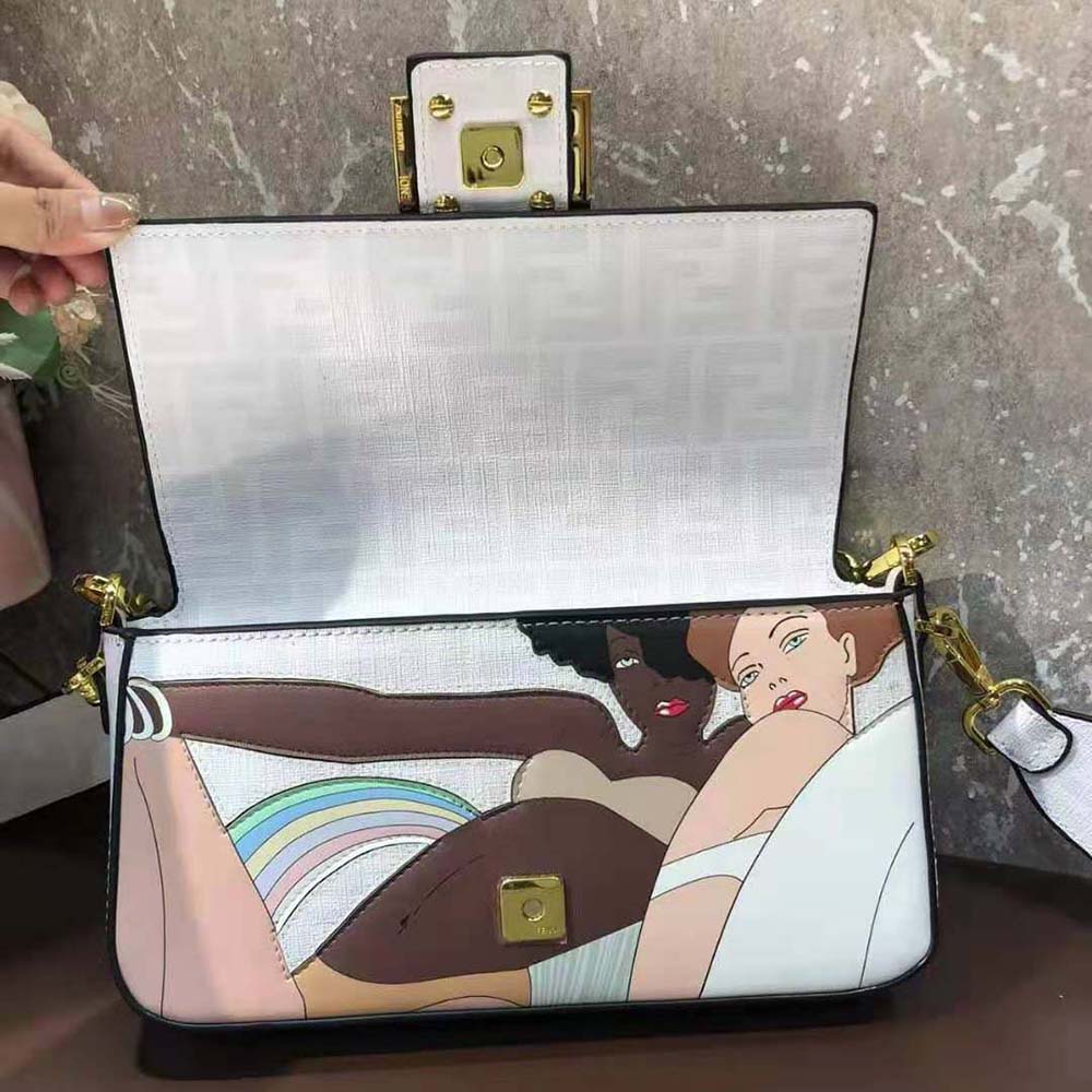 TÚI Fendi Women Baguette FF White Glazed Fabric Bag with Inlay