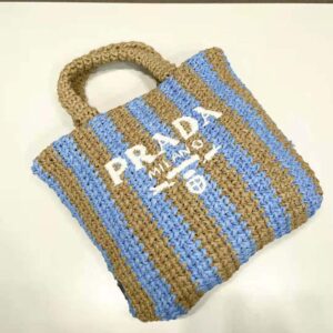 TÚI Prada Women Small Raffia Tote Bag with Embroidered Lettering Logo on the Front-Blue