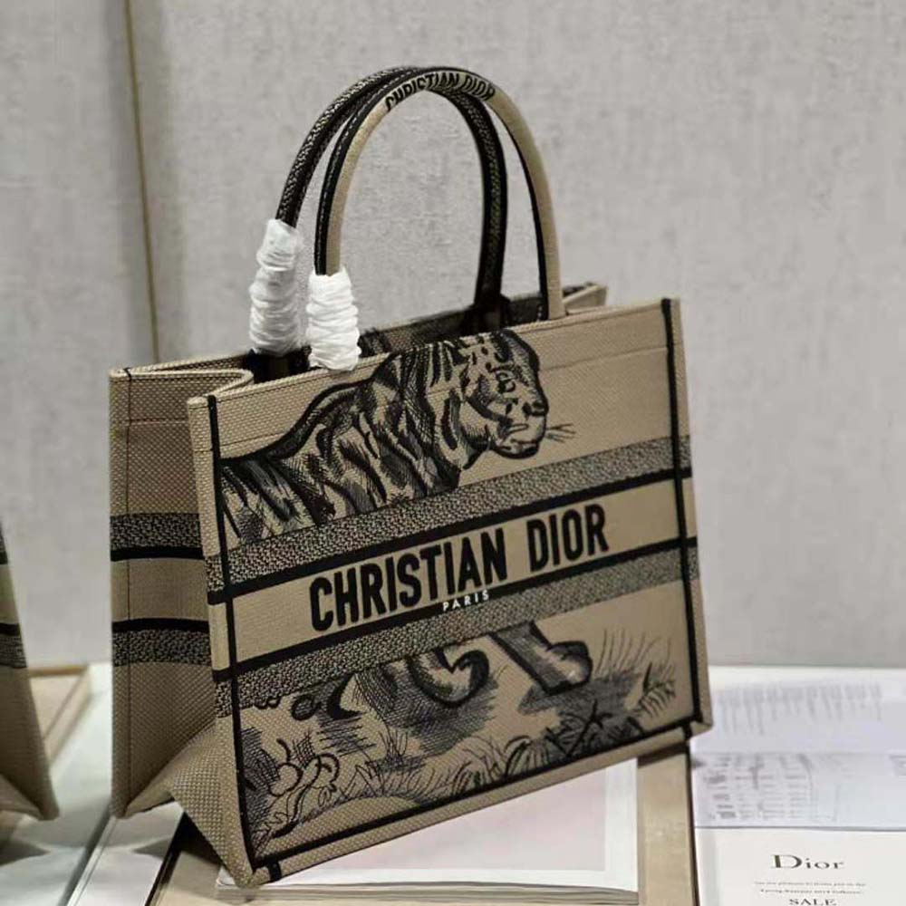 TÚI Christian Dior Book Tote Brown and Black Macro Toile de Jouy Tiger Embroidery