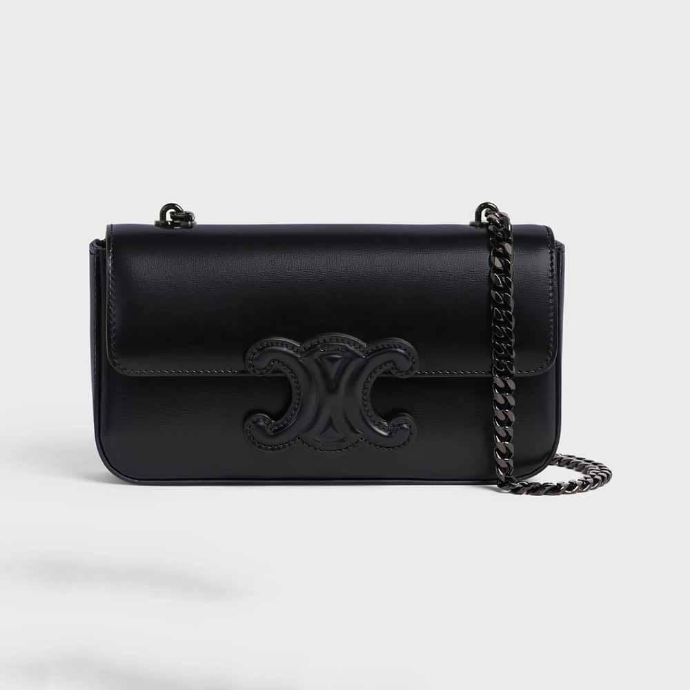 TÚI Celine Women Chain Shoulder Bag Cuir Triomphe in Shiny Calfskin-Black