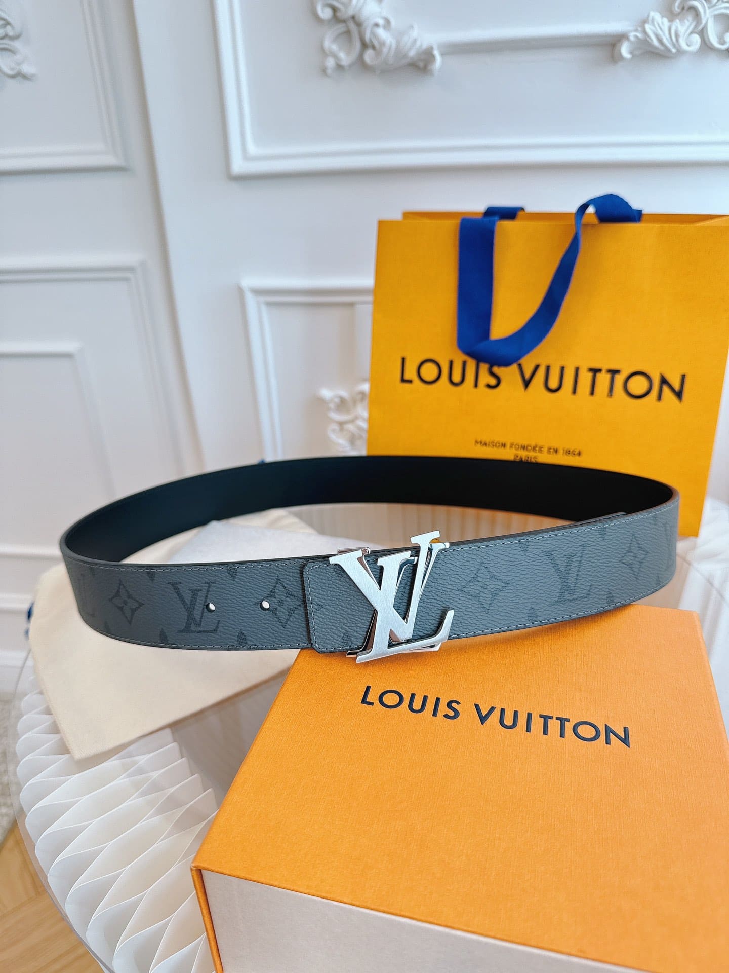 DÂY LƯNG LOUIS VUITTON DOUBLE LV BLACK MONOGRAM LEATHER Khóa bạc đen