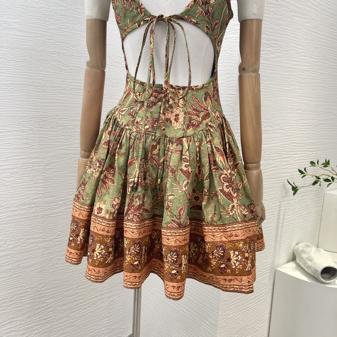 VÁY ZIMMERMANN Green Square Collar Sleeveless Floral Print Mini Dress High Classy