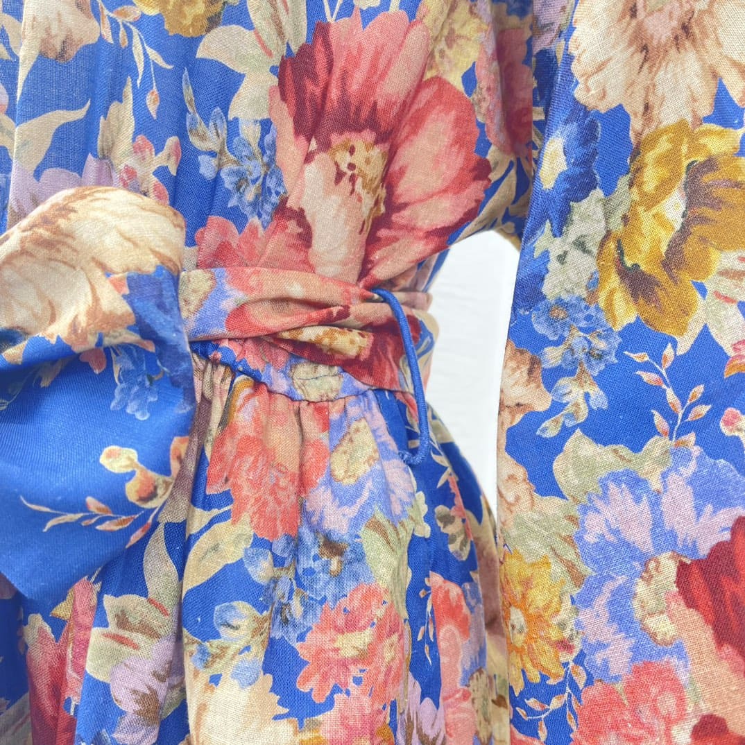 VÁY ZIMMERMANN Blue Floral Print Long Sleeve Loose Mini Dress High Classy