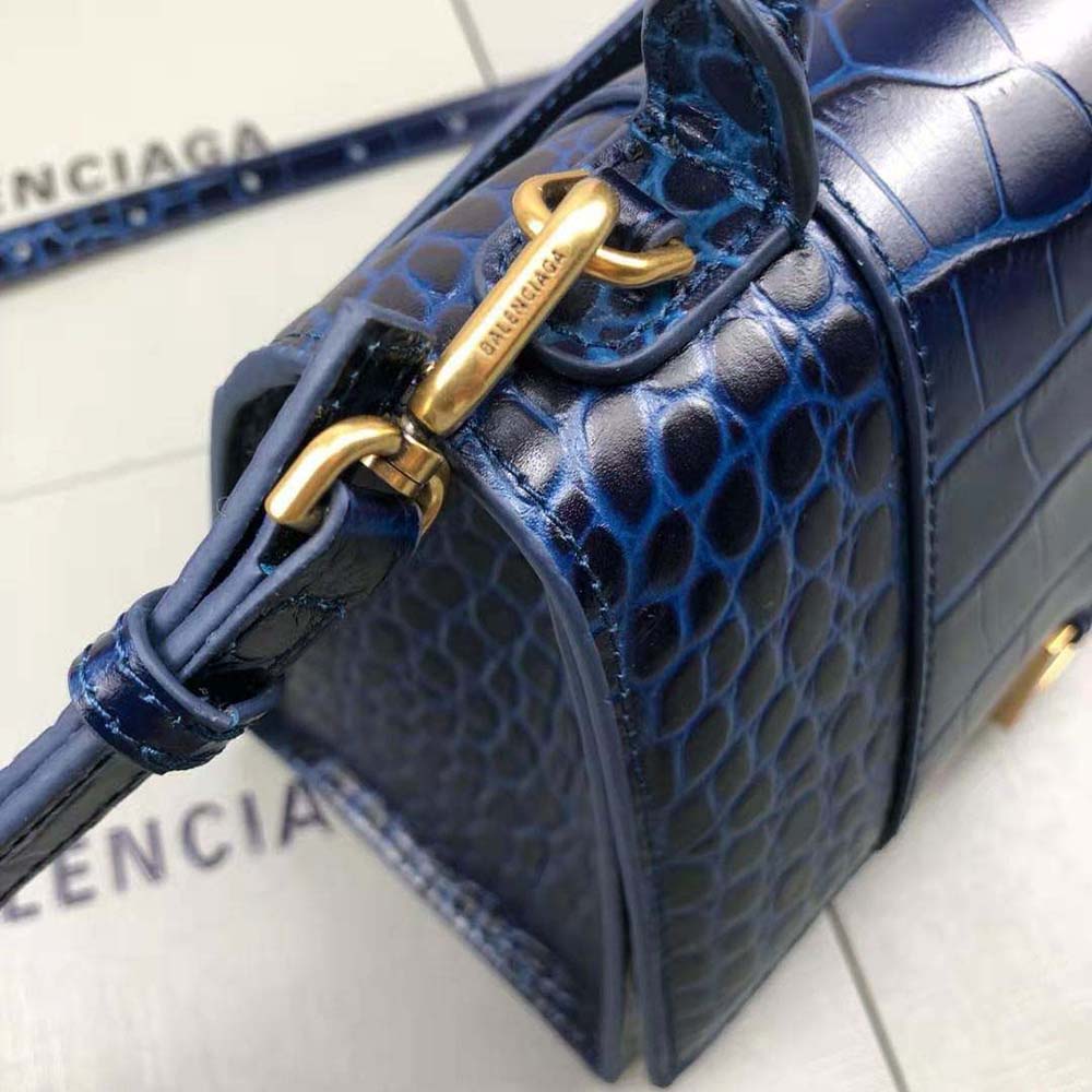 TÚI Balenciaga Women Hourglass Small Top Handle Bag in Navy Crocodile Embossed Calfskin vân da cá sấu