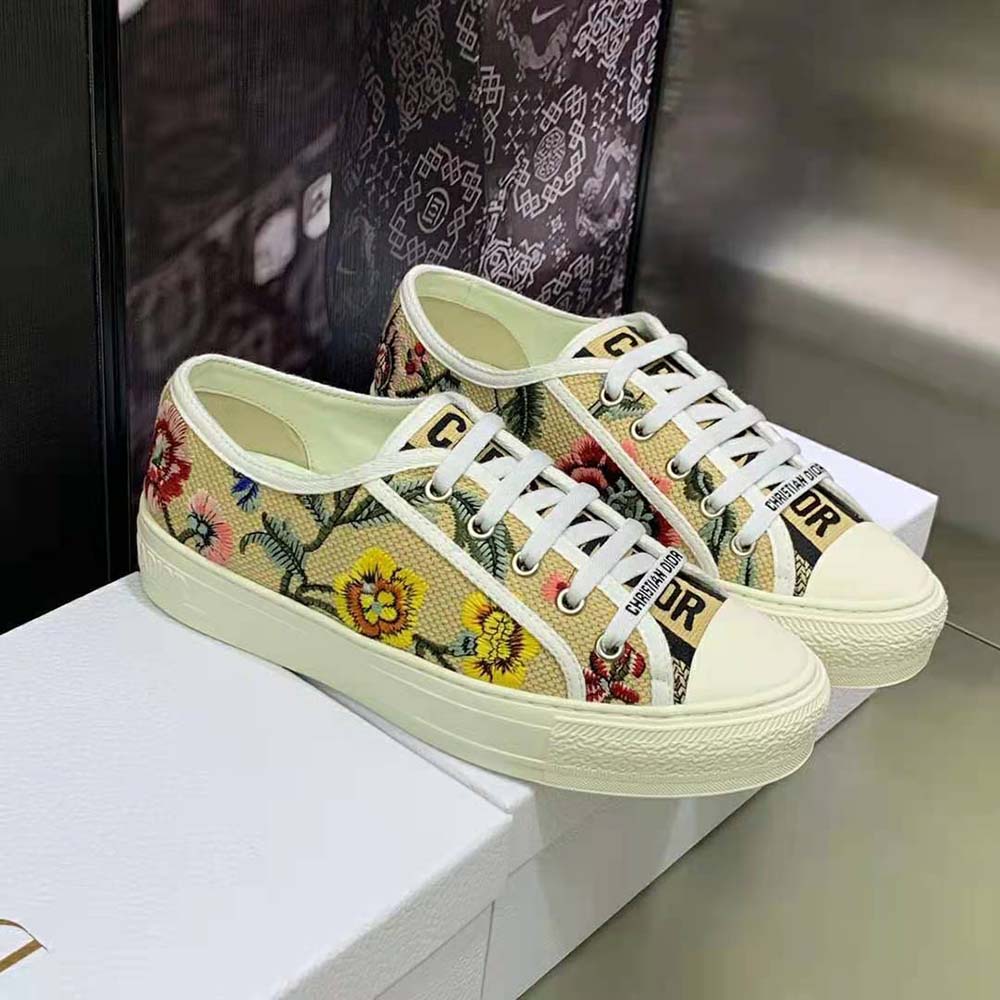 GIÀY Dior Women Walk’N’Dior Sneaker Beige Multicolor Raffia Embroidered with Dior Petites Fleurs Motif