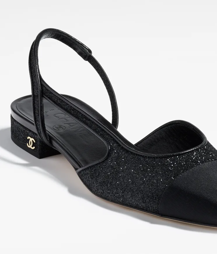 GIÀY SANDAL CHANEL SLINGBACK Hạt đá & Vải Grosgrain Bạc & Đen 20MM