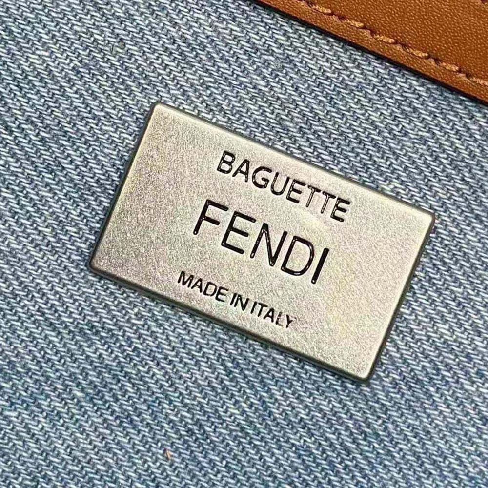 TÚI FENDI Women Baguette Light Blue Denim Bag with FF Embroidery