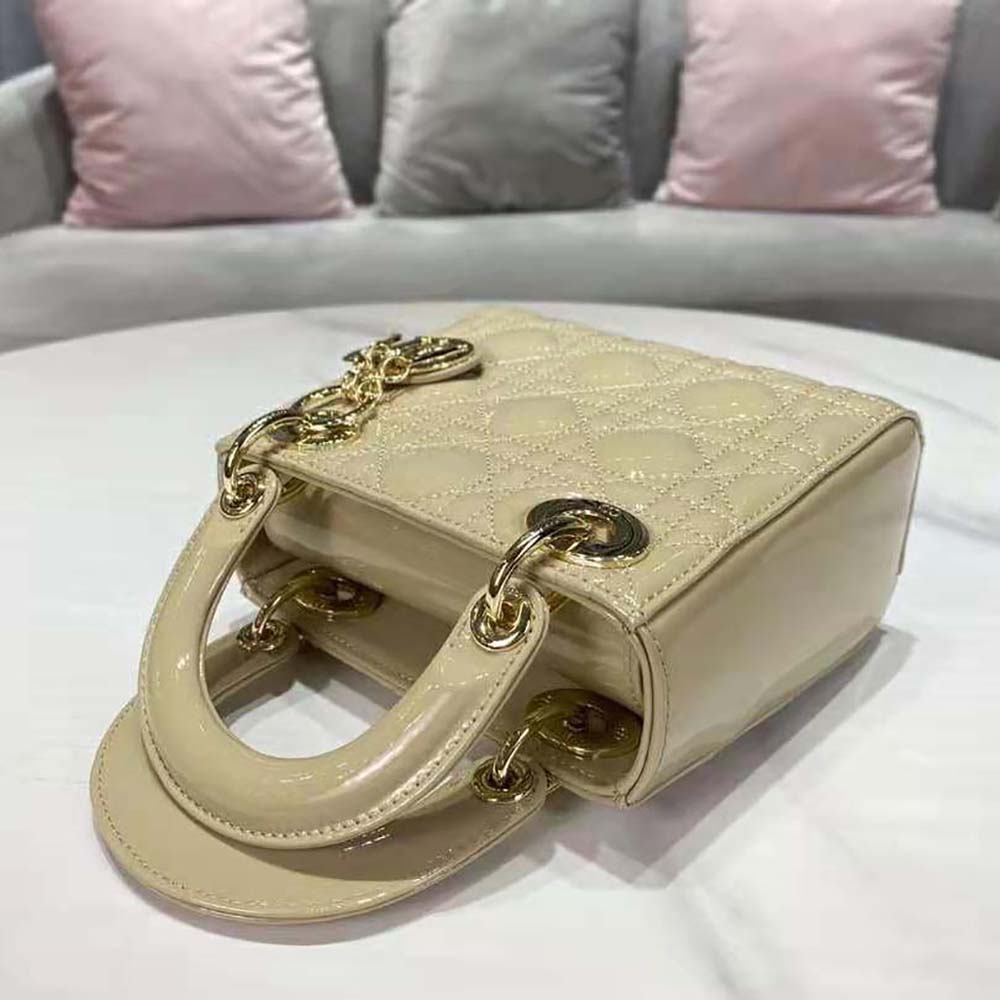 TÚI Dior Women Mini Lady Dior Bag Pale Yellow Patent Cannage Calfskin