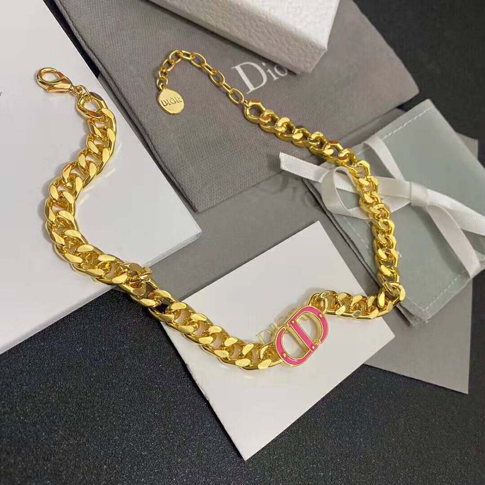 DÂY Dior Women 30 Montaigne Necklace Gold-Finish Metal and Fluorescent Pink Transparent