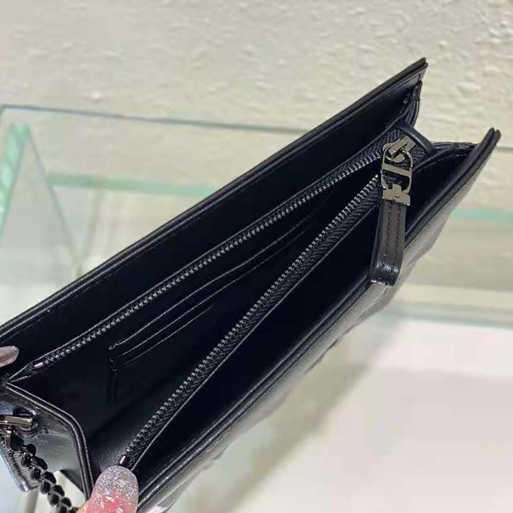 TÚI Dior Women Caro Zipped Pouch with Chain Black Macrocannage Calfskin with Diamond Motif