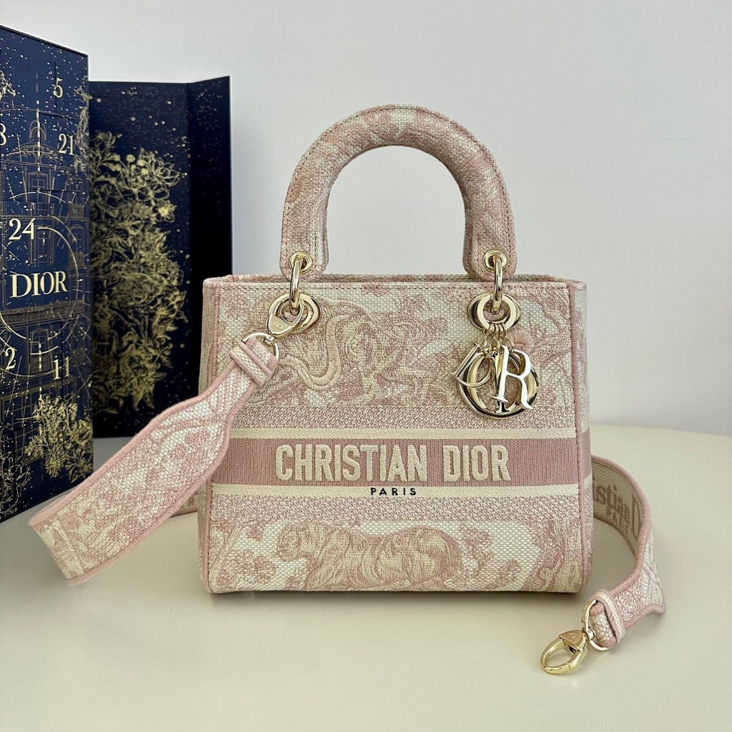 TÚI CHRISTIAN DIOR Lady D-lite Bag Gray and Pink Toile de Jouy Reverse Embroidery