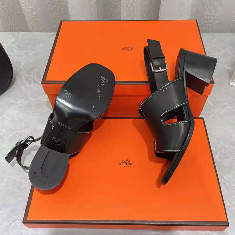 GIÀY Hermes Women Elbe 60 Sandal in Calfskin with H Cut-Out Detail-Black SS2022