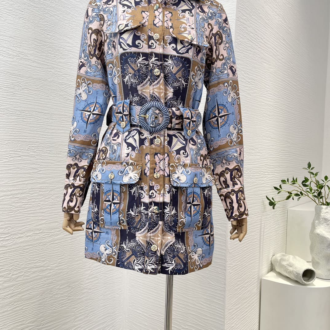 VÁY ZIMMERMANN Blue Plaid Print Turn Down Collar Long Sleeve Mini Dress High Classy