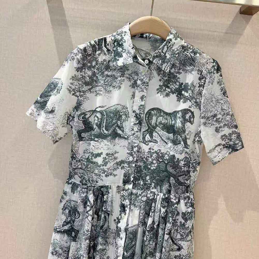 VÁY CHRISTIAN DIOR Mid-Length Shirt Dress White and Navy Blue Toile de Jouy Cotton Voile