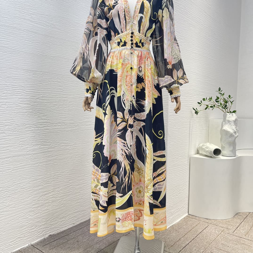 VÁY ZIMMERMANN Beading Black Long Sleeve Floral Print Midi Dress High Classy