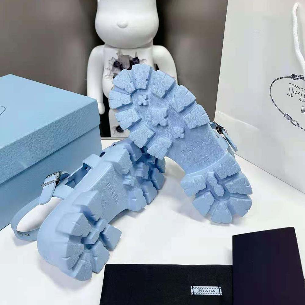 GIÀY Prada Foam Rubber Sandals with Enameled Metal Triangle Logo-Blue