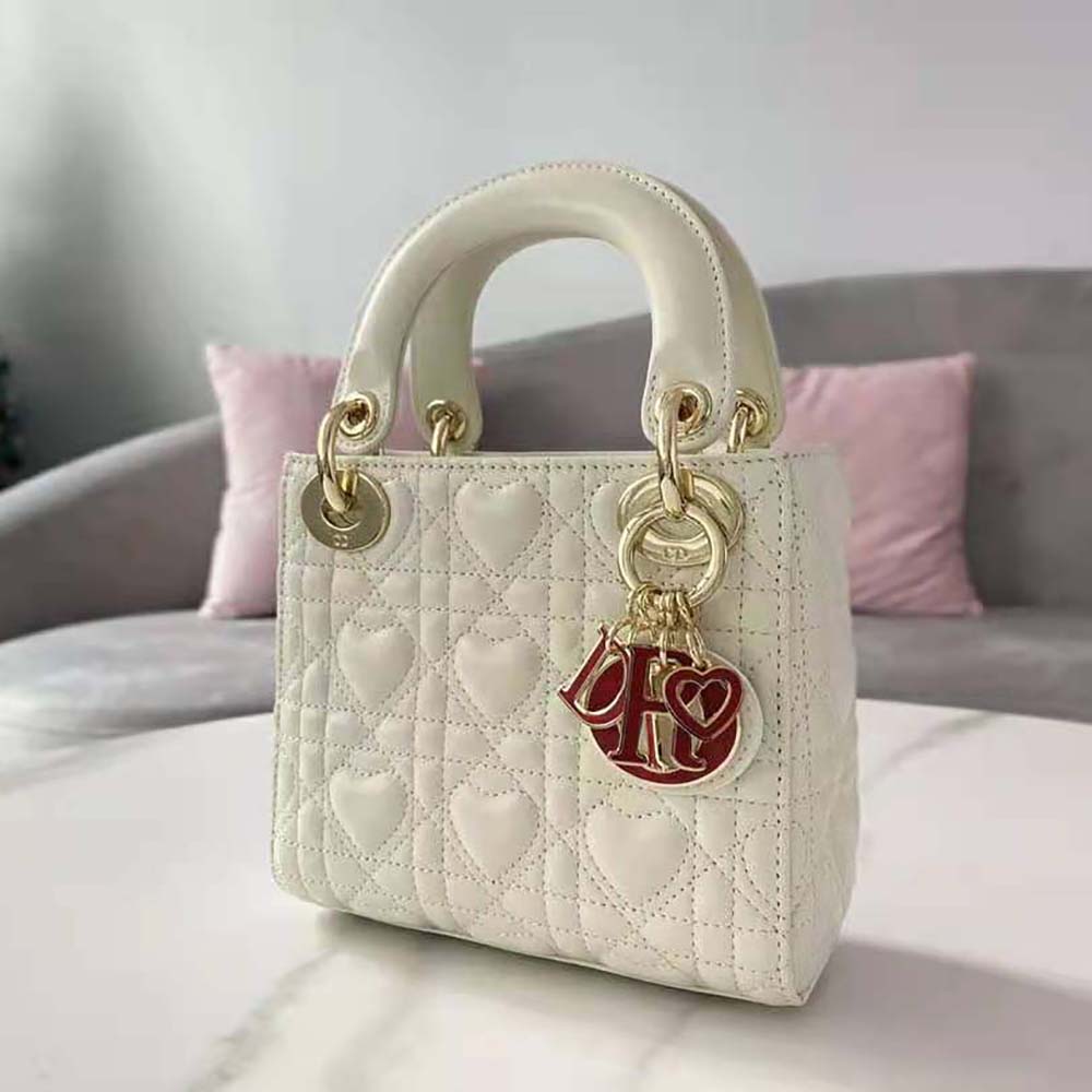 TÚI Dior Women Mini Lady Dior Dioramour Bag Latte Cannage Lambskin with Heart Motif-White