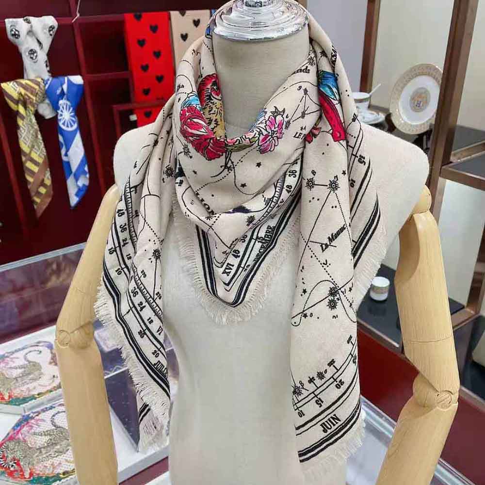 KHĂN Dior Women Zodiac Square Scarf Navy White Silk Twill