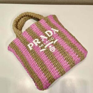 TÚI Prada Women Small Raffia Tote Bag with Embroidered Lettering Logo on the Front-Pink