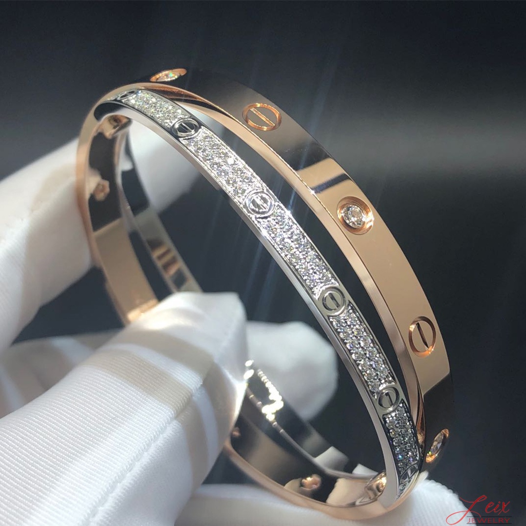 Vòng tay Cartier Pink & White Gold Pave Diamonds Double Love Bangle 18K