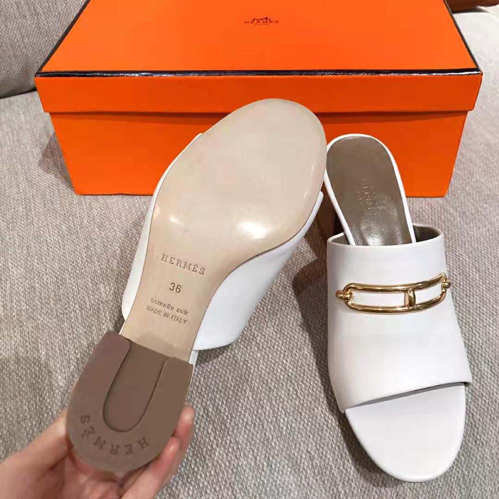 GIÀY Hermes Women Camilla Mule High Heel Mule in Calfskin-White SS2022